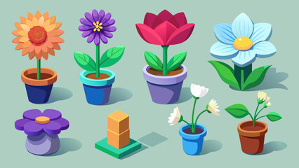 Collection of stylized potted flowers and geometric shapes in a flat design style