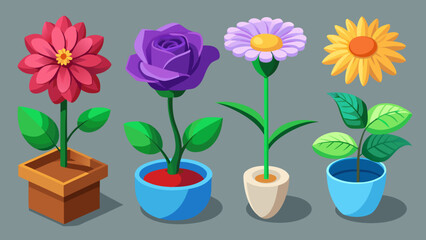 Collection of four potted flowers with vibrant colors and simple design