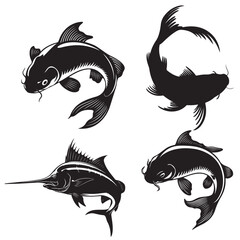 Silhouettes of Various Fish Species in Black and White