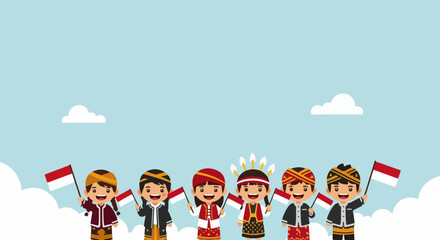 National Celebration with Kids Holding Flags and Space for Headline Message in Flat Art Style