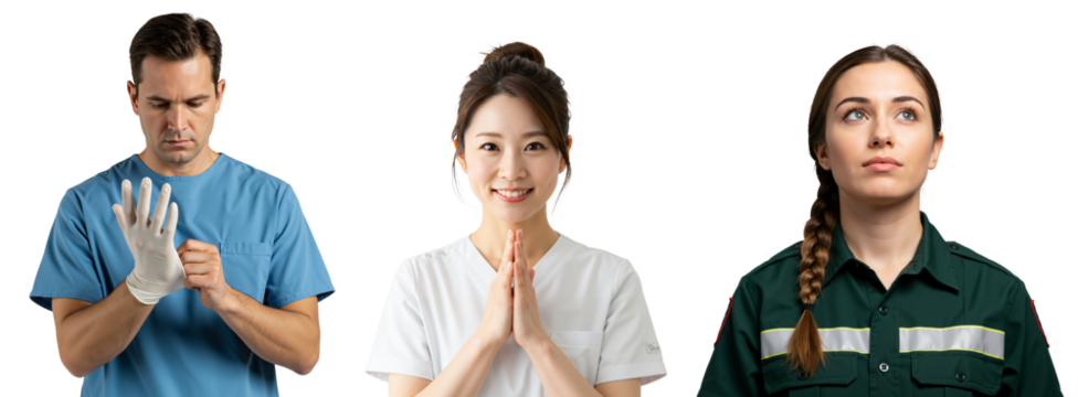 A Diverse Group of Healthcare Professionals: A Middle-Aged Male Doctor Preparing for a Procedure, a Young Asian Female Nurse Smiling, and a Young Caucasian Female Paramedic in Uniform
