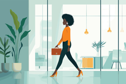  African businesswoman walking through a corporate office with briefcase, glass background and modern decor vector illustration