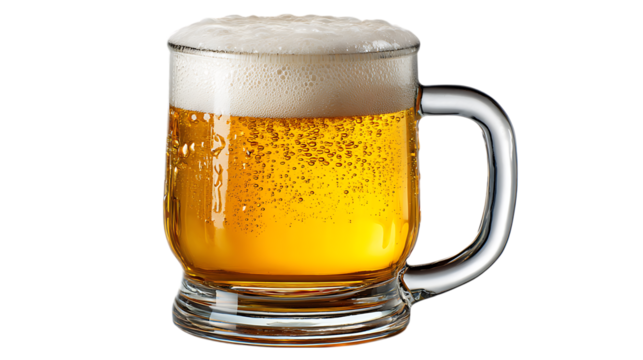 A refreshing glass mug filled with golden lager beer and a frothy white head isolated on transparent background