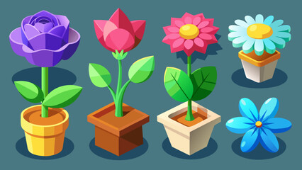 Collection of colorful potted flowers in isometric style