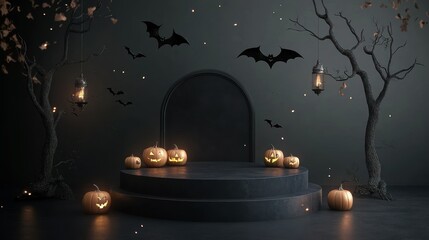 Spooky Halloween Stage with Jack-o'-Lanterns and Bats