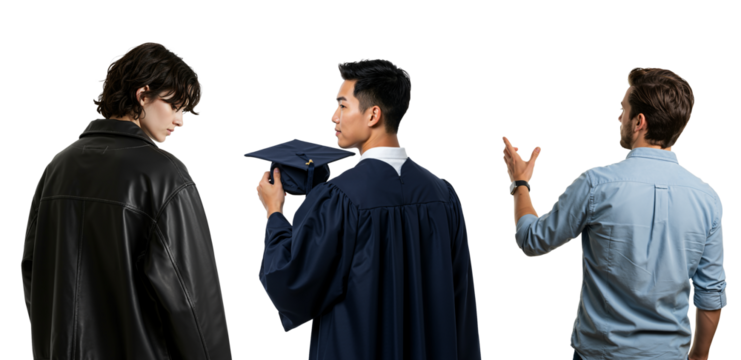 Collage of three young men from the back against a transparent background. A graduate, a nonconformist, and a young professional representing life choices and future paths.