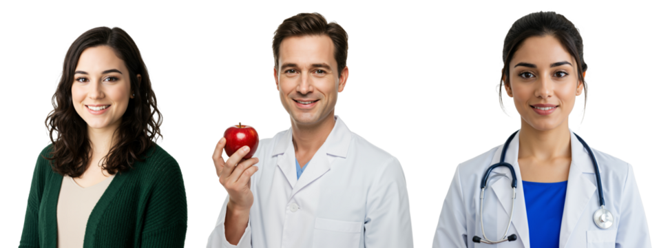 Diverse Individuals Focused on Health and Wellness: Young Adult Caucasian Woman Smiling, Young Adult Caucasian Male Doctor Holding Apple, Young Adult Hispanic Female Doctor with Stethoscope