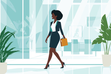 Obraz premium African businesswoman walking through a corporate office with briefcase, glass background and modern decor vector illustration