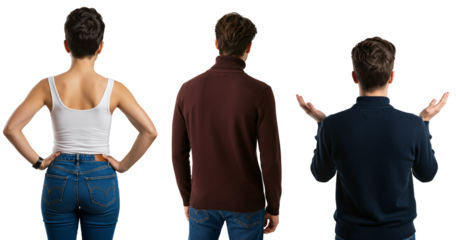 Set of three people seen from behind. A woman with hands on hips and two men, one shrugging, isolated on a transparent background.