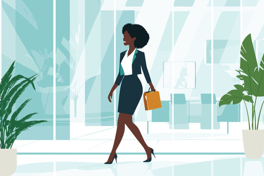  African businesswoman walking through a corporate office with briefcase, glass background and modern decor vector illustration