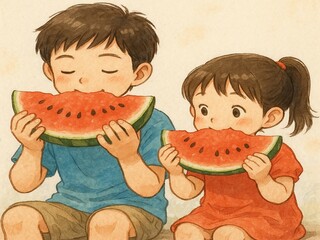 スイカを食べる兄妹