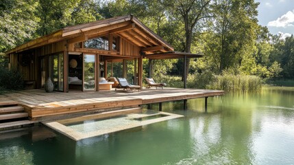 Obraz premium Luxurious lake house on a wooden deck