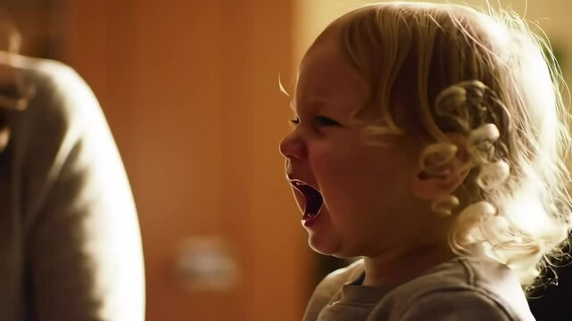 Adorable crying baby expresses intense emotions in soft warm toned indoor setting