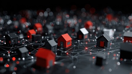 Obraz premium Networked Homes: Miniature houses of varied colors, interlinked by an intricate web of connections, symbolize the future of modern smart living. The scene evokes themes of connectivity, innovation.