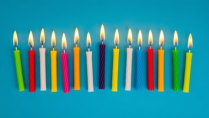 Colorful birthday candles arranged in a straight line against a solid blue background.