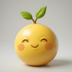 A cheerful yellow fruit character with leaves and a smile on a white background studio shot