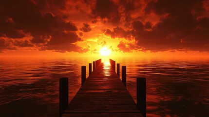 Fiery sunset over a wooden pier extending into the ocean.