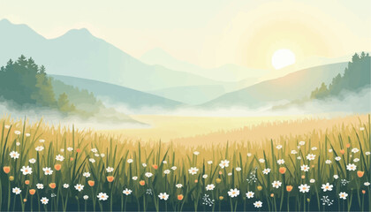 Serene Sunrise Over Meadow With Wildflowers and Mountain Background