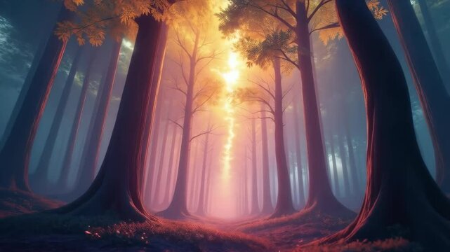 Morning sunburst breaks through fog, illuminating a mystical forest path. Tribal legends