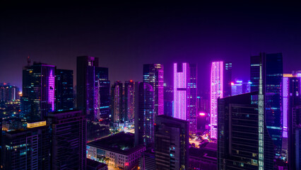 Fototapeta premium Night cityscape: vibrant purple neon skyscrapers, futuristic urban skyline, aerial view.