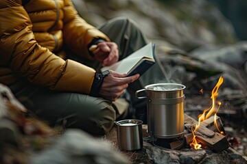 A man reading a book outdoor  Boil water in a kettle on the stove, titanium mug