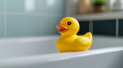 Bright Yellow Rubber Duck Floating in a Bathtub with Soft Light and Calm Background
