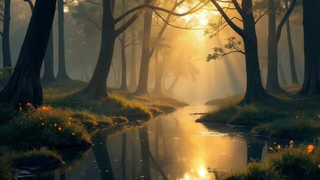 Gentle sunburst shines through trees in a foggy forest at dawn. Sun's rays in mystical lake