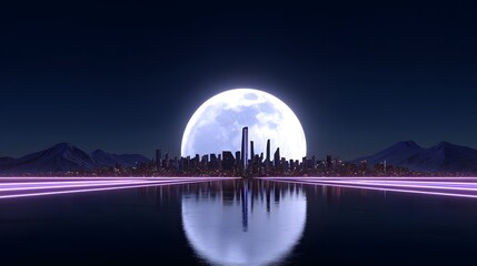 Glowing city skyline reflected in a still river under a bright full moon