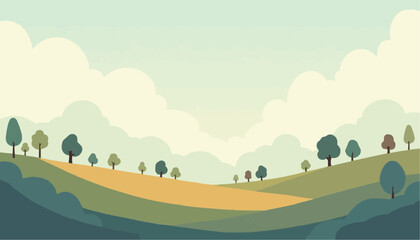 Obraz premium Pastel Landscape Illustration of Rolling Hills and Trees in Soft Colors
