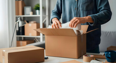 Person packing items into a cardboard box using bubble wrap, preparing for shipping or moving.