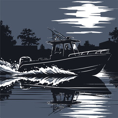Fishing Boat Cruising on Water at Night