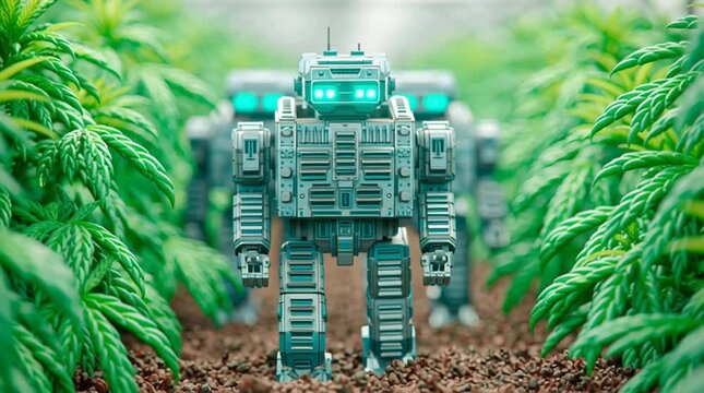 Agricultural robot walking through cannabis farm, agricultural robot managing smart farm, agricultural robot in futuristic agriculture system