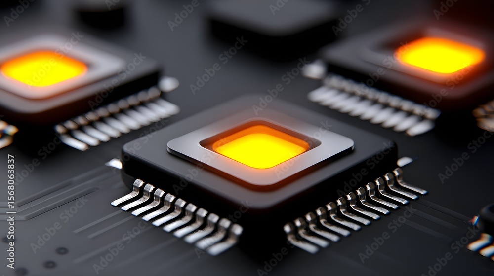 Poster closeup of electronic circuit board with microchips and components.
