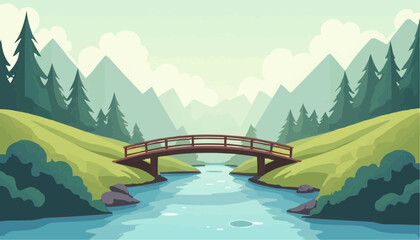 Scenic Nature Landscape with Bridge Over River Surrounded by Mountain and Forest in Illustration Style