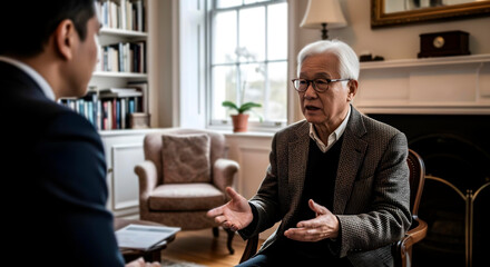 man and asian mature therapist having a conversation in a cozy modern office.