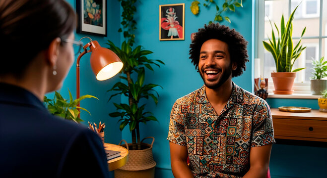 Young man smiling during a therapy or coaching session in a colorful room with plants. - Powered by Adobe