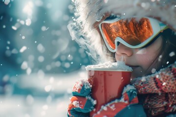 ultra HD image of Ski, winter, child young skier drinking hot chocolate