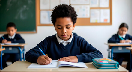 Schoolboy writing in a notebook during class with classmates in background.