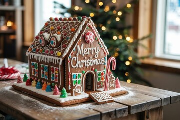 A photograph of a beautifully decorated Christmas gingerbread house sitting on a rustic wooden table