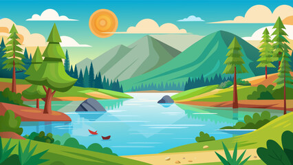 Vibrant cartoon landscape with a serene lake mountains trees and boats