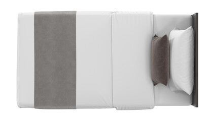 Top-down view of a modern single bed with dark wood frame and white bedding, isolated on a neutral background. 3D render.
