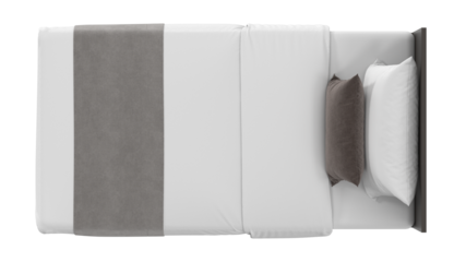 Top-down view of a modern single bed with dark wood frame and white bedding, isolated on a neutral background. 3D render.