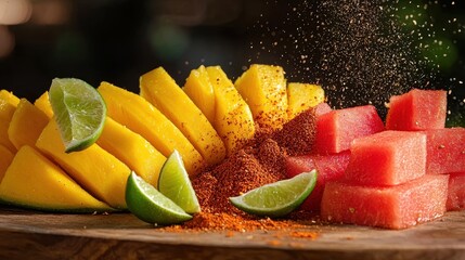 Frutas con chile premium restaurant appetizer featuring juicy mango slices and watermelon seasoned with vibrant chile powder garnished with lime on rustic wooden platter