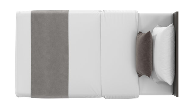 Top-down view of a modern single bed with dark wood frame and white bedding, isolated on a neutral background. 3D render.