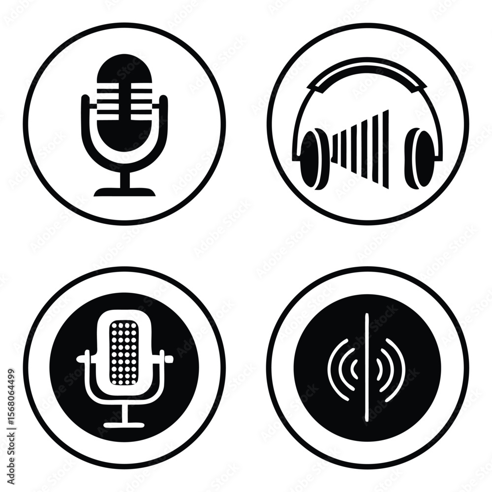 Poster music podcast line icons set: modern vector illustrations of wireless communication and sound techno