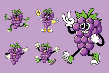 Cartoon funny Grape Fruit characters with expressive faces and poses in retro vintage comic style	