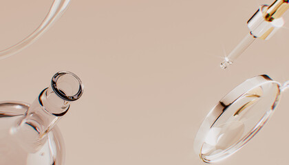 Laboratory glassware medical background. 3d rendering lab research equipment, cosmetic testing abstract concept