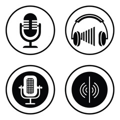Music podcast line icons set: Modern vector illustrations of wireless communication and sound technology symbols for web design elements