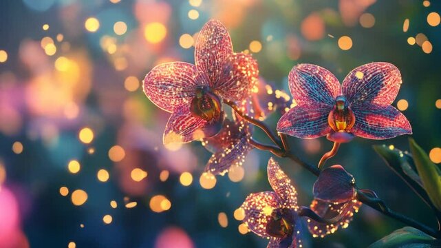 Sparkling orchids in magical luminous bokeh garden