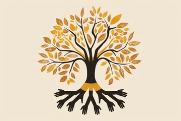 Symbolic tree with hands as roots and golden leaves
